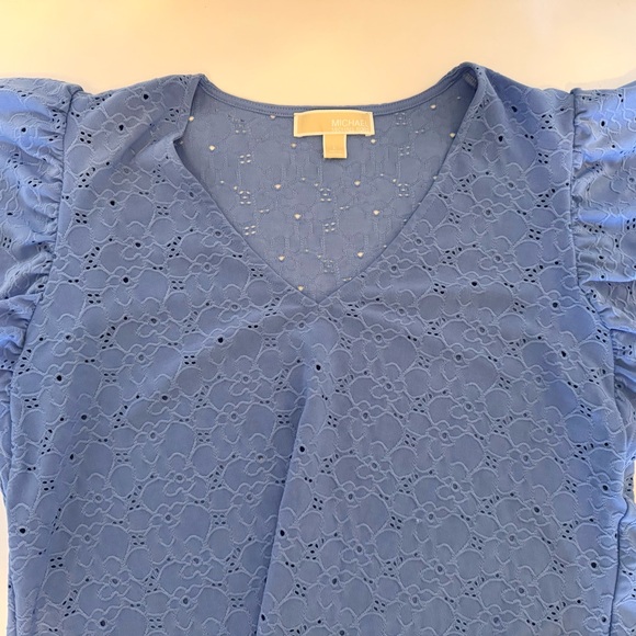 Michael Kors Floral Lace Eyelet Pull Over Blouse Blue Size Large Ruffled Sleeve - Picture 3 of 14